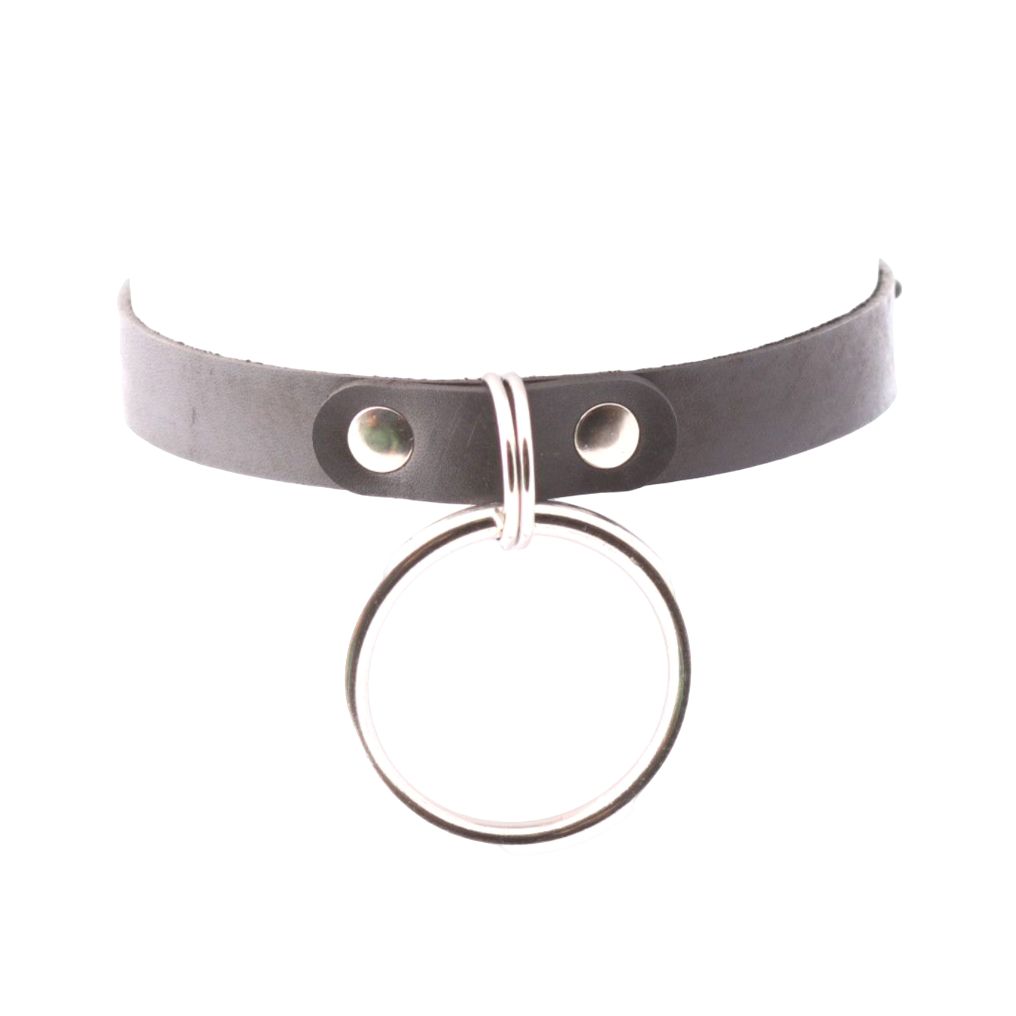 454664 Черный кожаный чокер с большим кольцом