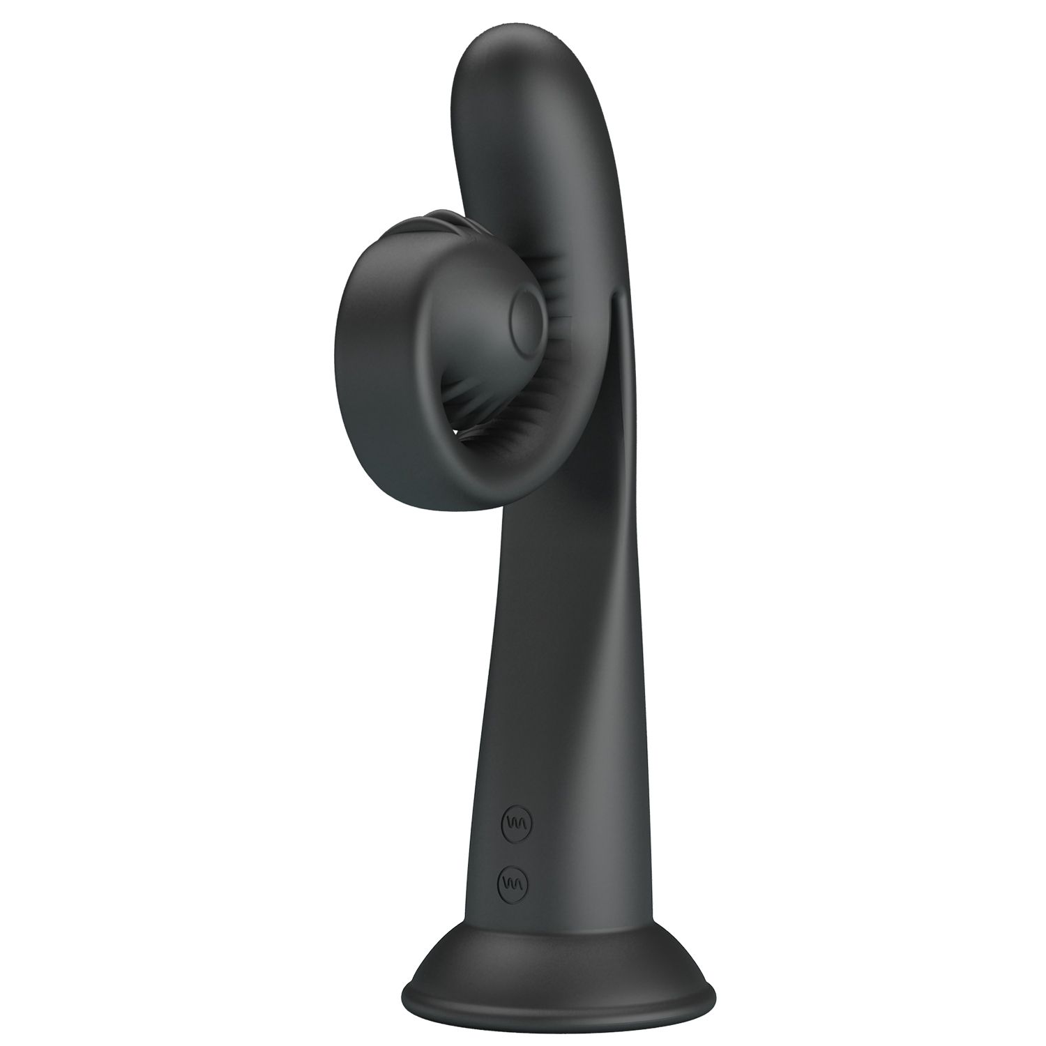 489708 Черный вибратор на присоске с закрученным клиторальным отростком - 20 см.