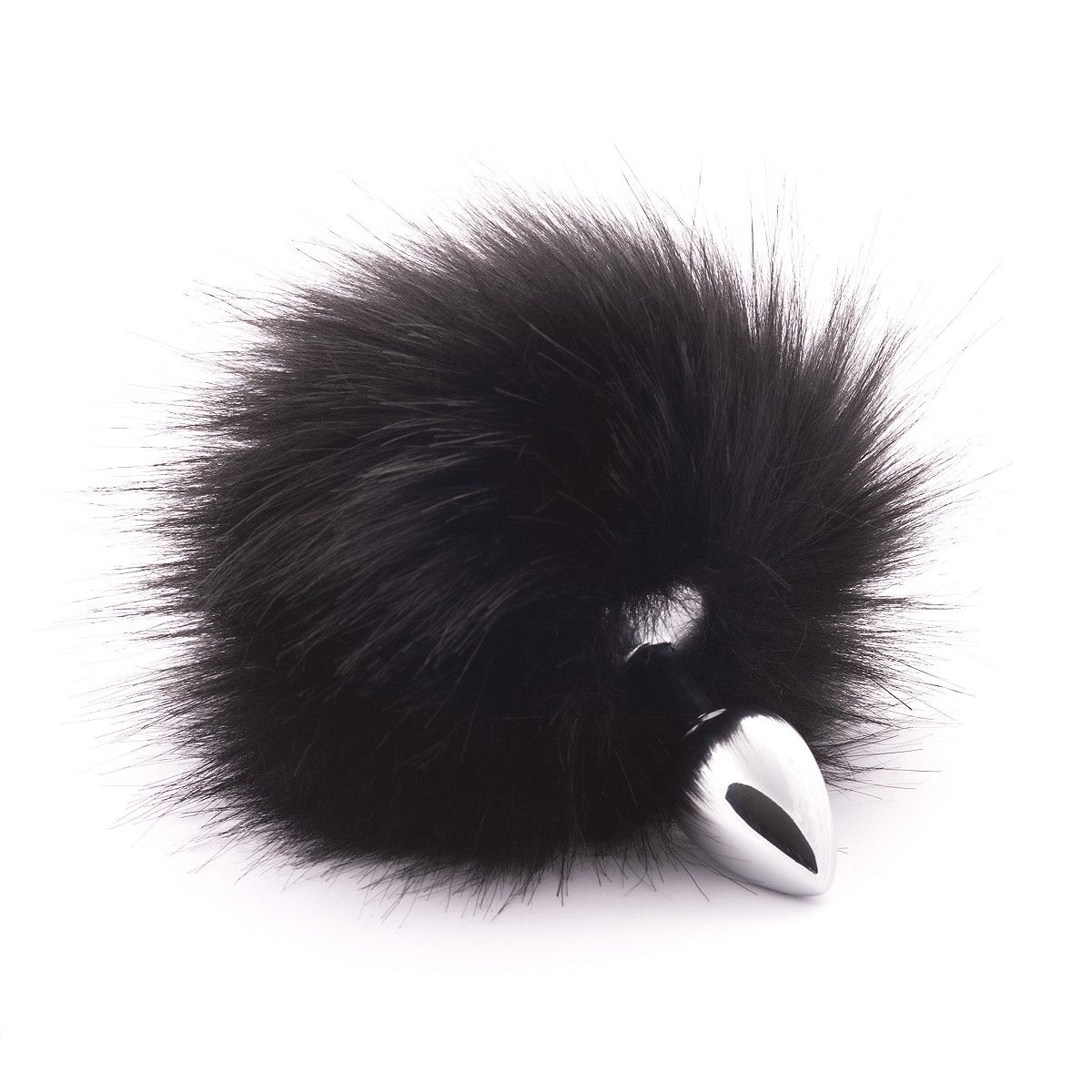 516914 Серебристая анальная пробка с черным хвостиком из искусственного меха