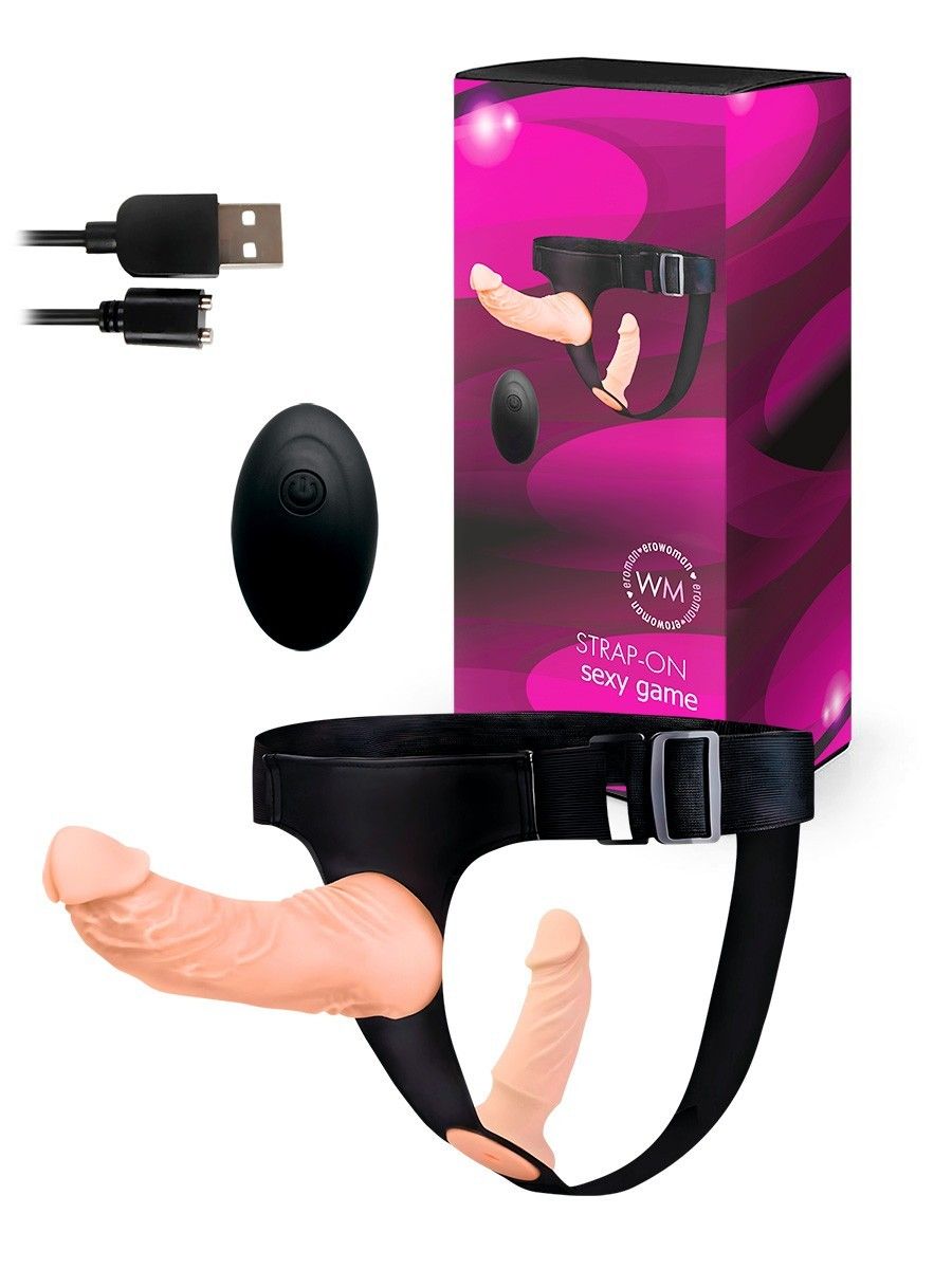 529674 Женский страпон с 2 насадками, вибрацией и пультом ДУ