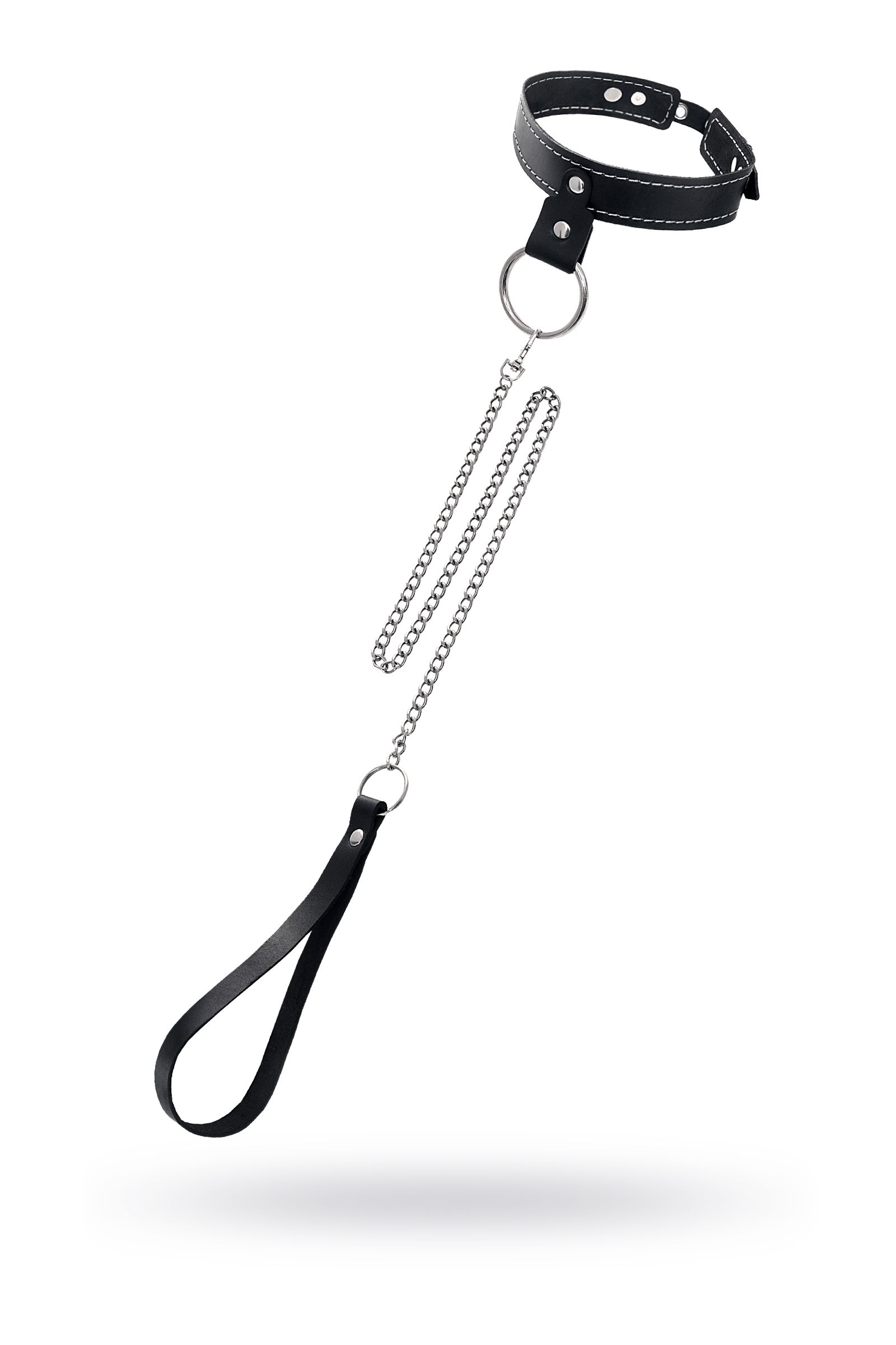 529794 Черный узкий однослойный ошейник с серебристым поводком-цепочкой