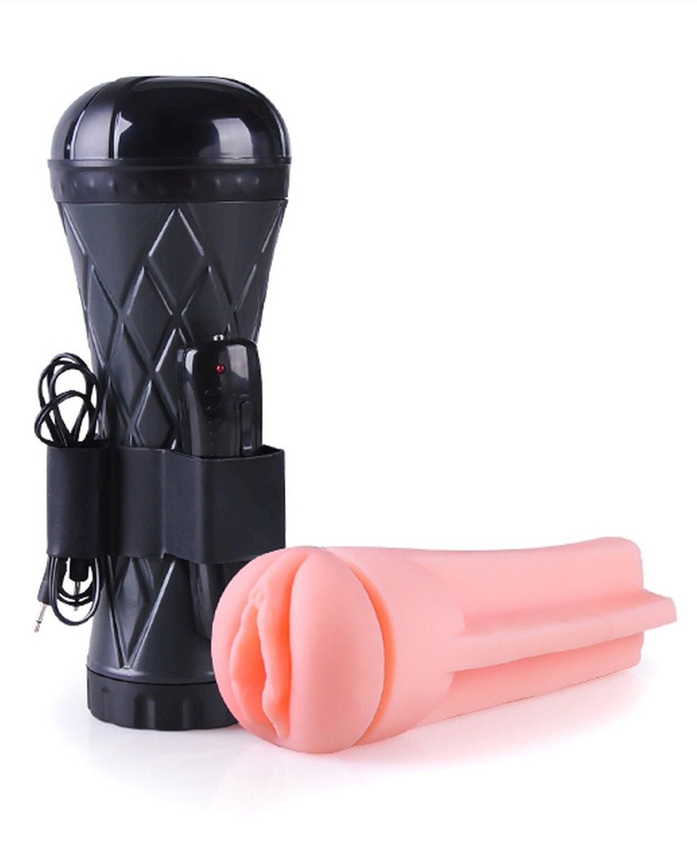 531474 Телесный мастурбатор-вагина в черной колбе с вибрацией