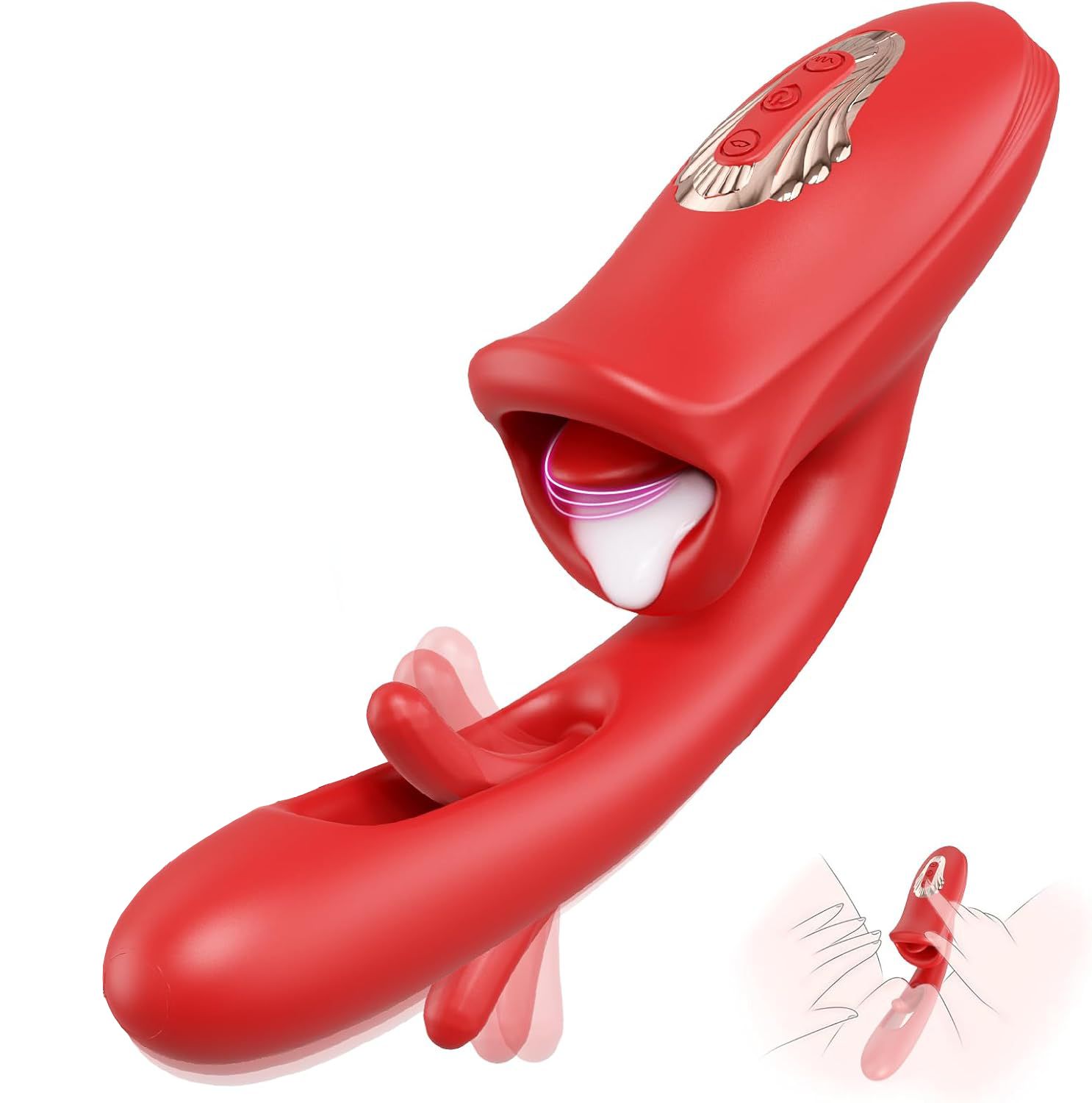 532199 Красный вибратор с функциями фингеринга и лизания - 25,1 см.